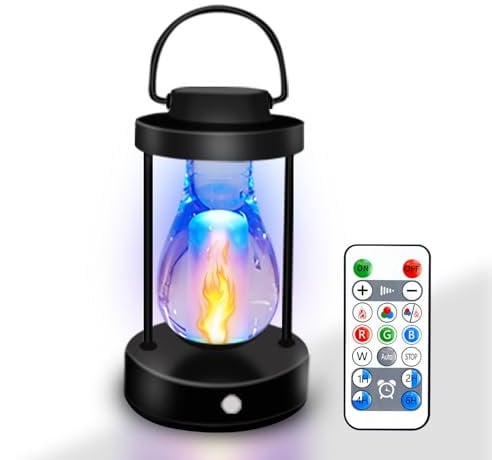 LED Flame Effect Lantern, Simulated Flame Lights, 1500mAh Battery Powered Camping Lamp, RGB Outdoor Retro Lanterns Remote, 3 Modes Flame Light for Decorative/Courtyard/Garden/Bedroom