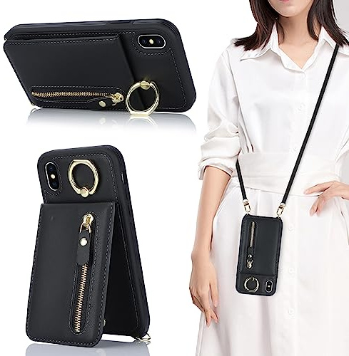 CAVOR Handykette Handyhülle Kompatibel Mit iPhone XS Max Hülle Mit Band,Flip Leder Geldborse Hülle,[4 Kartenfach][Ring Stander][Reißverschluss],Handytasche zum Umhängeband Schwarz