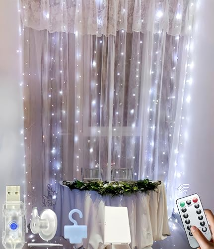 Amening Tende luminose, 300 LED, 3 x 3 m, filo di rame in gomma morbida, 8 modalità di illuminazione, USB, telecomando, timer, adatto per matrimoni di Natale, compleanni, Windows casa