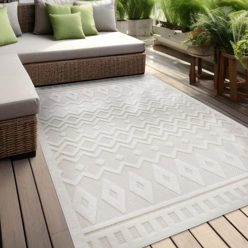 Taracarpet In & Outdoor Teppich Barcelona Wetterfest Balkon Boho Wohnzimmer Küche Skandinavisch Muster Einfarbig 3D Effekt Modern weiß Karos Welle 080x150 cm