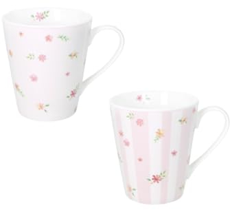 Brandani 51149 MUG POLLINE ROSA SET 2 PZ NEW BONE CHINA, cm d 8,5x10h, 600ml, Decori delicati fiori e boccioli, Lavastoviglie, Microonde, Forno, Freezer