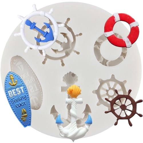 MINFEIDMS Beach Ocean Serie Kuchendekoration Silikonformen Anker Ruder Rettungsring Fondant Form für Zucker Kuchen Dekorieren Cupcake Topper Gummipaste Polymer Clay