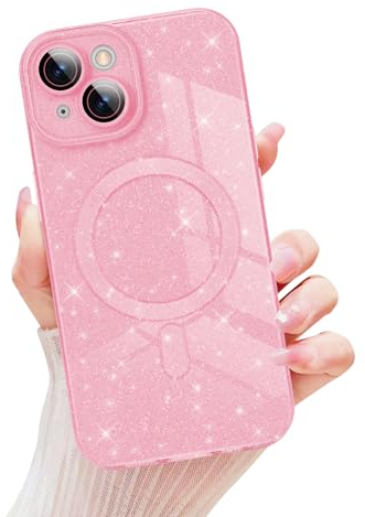Newseego Glitzer-Hülle für iPhone 15 Kompatibel mit Magsafe, Niedlicher Bling-Kleber Magnetische Handyhülle iPhone 15 Mädchen Frauen, Weiches TPU Stoßfeste Schutzhülle iPhone 15 (6,1 Zoll)-Rosa