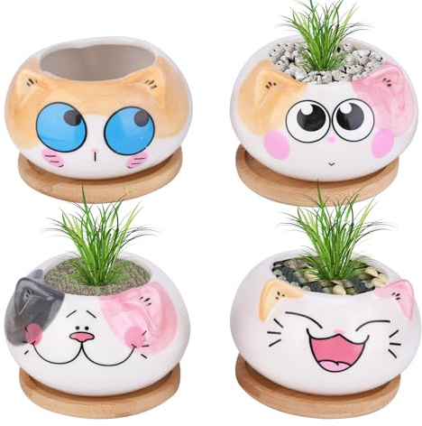 PCXWTLN Flower Pots, 4pcs Cute Cat Plant Pots Ceramic Garden Pots, Mini Plant Pots Small Plant Pots for Seedlings with Drainage Set Cactus Faux Plants Containers for Home and Office