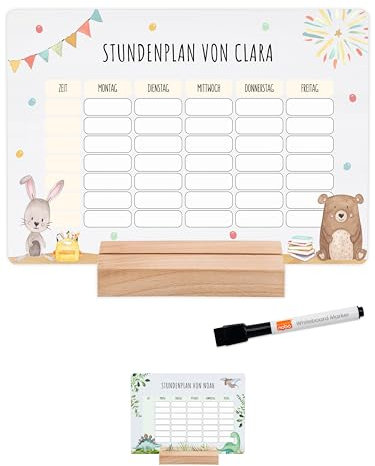 wunderwunsch® - Personalisierbarer & Abwaschbarer Stundenplan aus Acryl + Stift und Holzhalter - Einschulung Geschenk, für Schultüte zum Schulanfang oder Grundschule (Bär und Hase,mit Holzhalter)