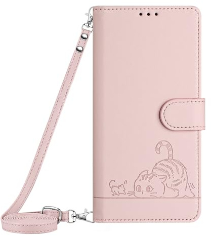 Paekear Handykette für Samsung Galaxy J3 2017 / J330 Hülle, PU-Leder Schutzhülle - Handyhülle mit Band zum Umhängen - Klapptasche Handytasche Case mit Handy-Kette, Kartenfach und Portmonee, Rosa