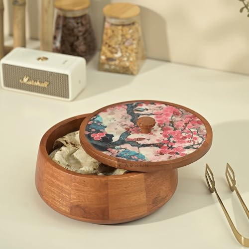 Brick Brown ® Handcrafted Enamel Coated Wooden Roti Box | Chapati Server with Lid (8.8 × 8.8 × 4.5 Inch) | Hot Pot Casserole for Tableware