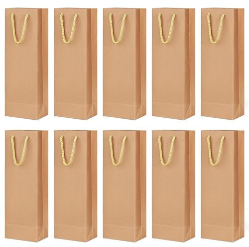 Lot de 10 sacs à vin en papier kraft - 11 x 9 x 35 cm - Avec poignées - Pour mariage, Noël, fête, banquet (marron)