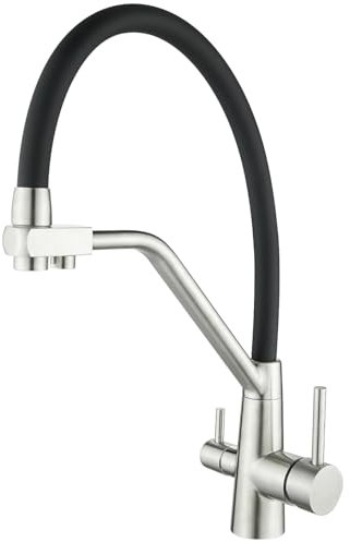 Maynosi 3 Way Kitchen Sink Tap for Filter Water Purifier, 3 in 1 Kitchen Sink Mixer Tap with Drinking Filtered Water Outlet, 2-Lever Sink Taps with Flexible Spout, Stainless Steel, Brushed Steel