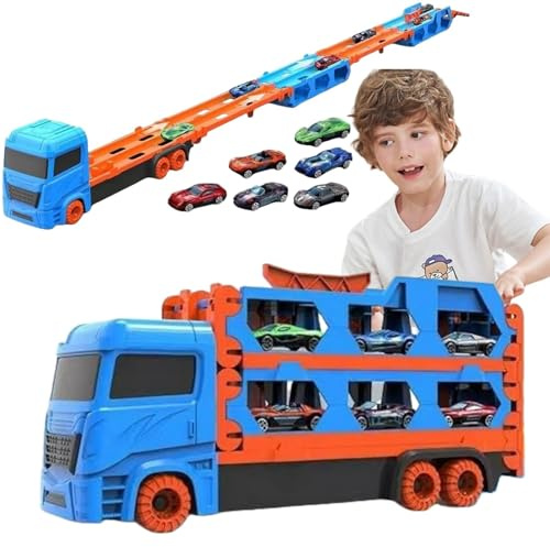 Transporter Truck Spielzeugautos für Junge ab 3 4 5 6 Jahre, Tragbares Faltbares Rennbahn Autotransporter Spielzeug mit 6 Rennautos, Kinderspielzeug Geschenke, Blue