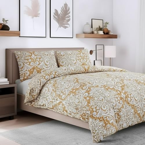 ZIYA HOMES King Size Duvet Cover Set Polycotton 3 Piece - Printed Reversible Bedding, Soft Easy Care Quilt Cover with Pillowcases (Royal Damask Gold, 230x220 cm)