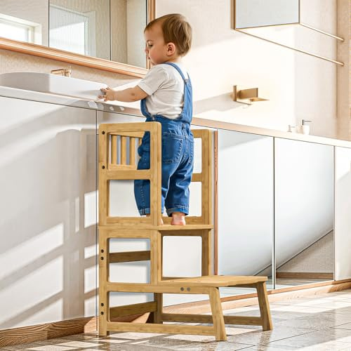 COSYLAND Taburete de Niños con 2 Peldaños y Asas – Escalón Infantil para 18 Meses en Adelante – Ideal para Cocina, Baño y Dormitorio – Natural
