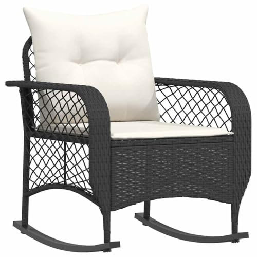 Gecheer Garten Schaukelstuhl mit Kissen Relaxstuhl Gartenmöbel Schwingsessel Gartenstuhl Schwingstuhl Stuhl Gartensessel Schwarz Poly Rattan