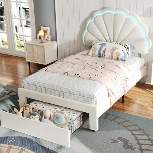 ModernLuxe 3ft Upholstered Single Bed 90x190cm with Shell-Shaped Backrest, 1 Drawer, LED Light Strips,Velvet Upholstery, Iron Legs, Remote-Controlled, Beige for Adults & Teenagers - without Matress