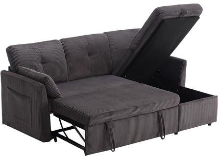 LIFEISLE Schlafsofa mit Aufbewahrung, Sofa mit Schlaffunktion, L-Fömig Couch für Wohnzimmer, Schlafzimmer, Apartment, Cord Dunkelgrau
