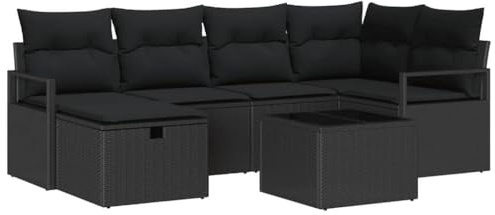 vidaXL 7-teiliges Garten-Sofa-Set mit Kissen aus schwarzem Poly-Rattan. Modulares Wetterfestes Ecksofa, perfekt für Terrasse und Balkon. Ideal für Garten-Lounge und Terrasse.