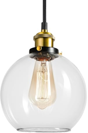 HAUSPRO Chicago Pendant Industrial Hanging Ceiling Light with Clear Glass Shade, Adjustable Height Ceiling Light for Kitchen, Dining Room-Black-Gold