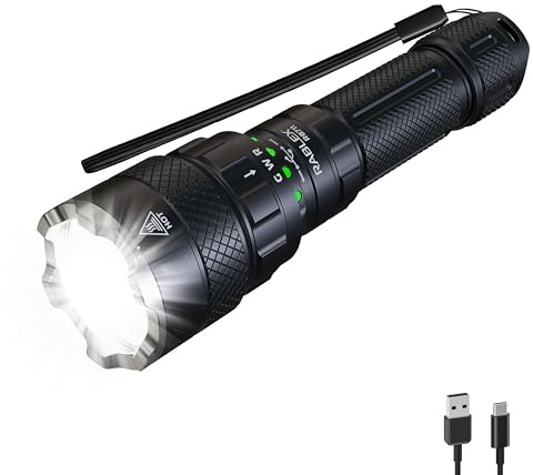 RABLEX RB711 Taktische Taschenlampe – 3-Farben LED (Weiß/Rot/Grün), 1500 Lumen, USB-C Wiederaufladbare Taschenlampe mit 21700 Akku, 9 Lichtmodi, Aluminium Wasserdicht für Jagd & Camping