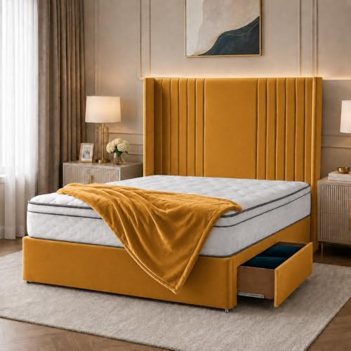 Living Comfort Bedz Soham Wingback Divan Bed with 54” Headboard | Orthopedic Mattress Included | Plush Velvet | Storage Options(Mustard,6FT Super King 2 Drawers Foot End)