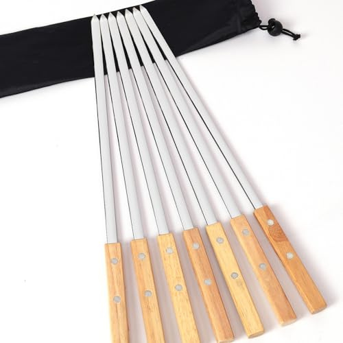 GXFCING Kebab Skewers 42cm Long SUS304 Stainless Steel Flat BBQ Barbecue Skewers with Wood Handles for Turkish Adana Style BBQ (7 Pack)