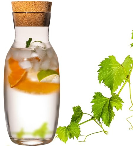 PLATINUX Glaskaraffe 1 L mit Korken – elegante Karaffe aus Glas für Wasser & Säfte – bauchige Form, spülmaschinenfest