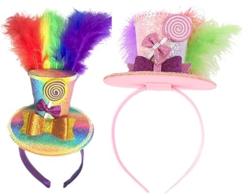 ZhuXIXILiang 2 Stück Regenbogen Feder Stirnband Karneval Kostüme für Frauen Mini Zylinder Clown Hut Vibrant Pride Haarschmuck für Kostüm Spaß Verkleidung Kostüm Zubehör für Erwachsene