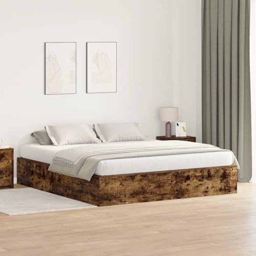 QJBSAVVA Stauraum-Bettgestell 180x200 cm Geräucherte Eiche Massivholzrahmen 200 kg Belastbar Modernes Schlafzimmer Doppelbett für kleine Räume
