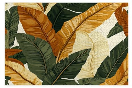 Spring Banana Leaves Jigsaw Puzzles for Adults 1000 Piece, Summer Nature Plant Wooden Puzzles, Tropical Botanical Pattern Decorations for Home Entertainment