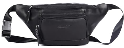 Benthill Bauchtasche Echt Leder - Hüfttasche/Gürteltasche aus hochwertigem Rindsleder – Echtleder Wandertasche - Partytasche, Farbe:Schwarz