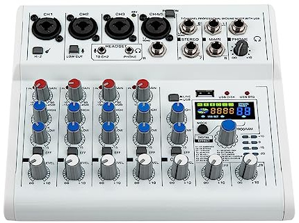 7 Kanal Mischpult, mit Bluetooth und 88 DSP Effekten, Mini DJ Mixer, 48V Phantomspeisung, Stereo Audio Mischkonsole, für Live Streaming, Podcast, Karaoke, Studio, DJ, PC, Smartphone, Tablet