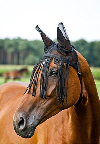 Horze Lightweight Protection Mesh Veil Insect and Fly Bonnet with Polyester Fringe and Mesh Ear Covers - Black - Cob