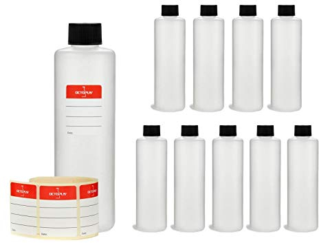 Octopus 10 x 250 ml bottiglie in plastica, bottiglie in plastica HDPE con tappi a vite in nero, bottiglie vuote con coperchi a vite in nero, bottiglie rotonde con 10 etichette compilabili incluse