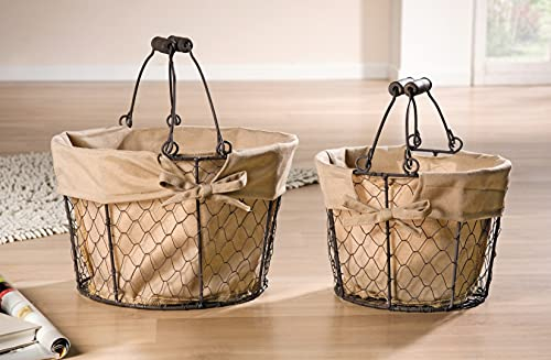 Dekoleidenschaft 2x Drahtkorb Milchkaffee, rund Ø 23 + 29 cm, mit Textileinlage, im Landhaus-Stil, SB-Korb, Tragekorb, Badkorb, Dekokorb, Brotkörbchen, Draht-Gitterkorb