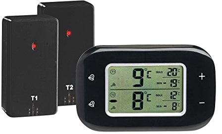 Rosenstein & Söhne Kühlschrankthermometer: Digitales Kühl- & Gefrierschrank-Thermometer, 2 Funk-Sensoren, schwarz (Kühlschrank Thermometer Funk, Thermometer Gefriertruhe, Außenthermometer)