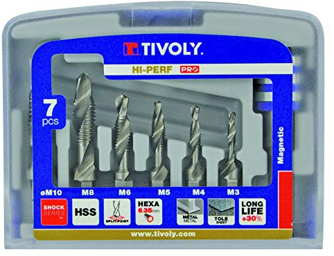 TIVOLY 10502970001 - Estuche FTH HEXA 6 brocas-machos avellanador HSS M3 M4 M5 M6 M8 M10 mango hexa 1/4’’+1 PP