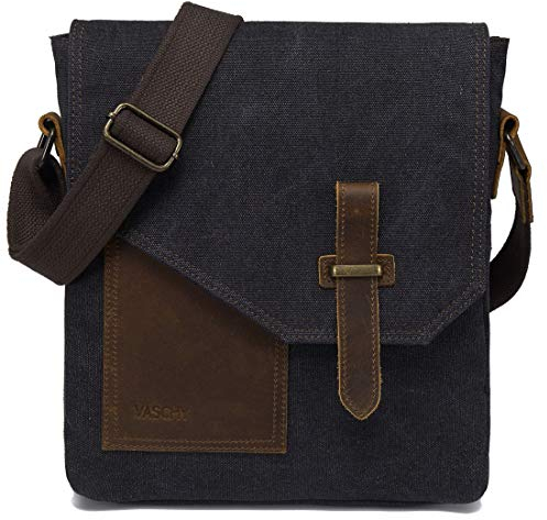 VASCHY Klein Umhängetasche Herren, Vintage Leinwand Herrentasche Echtes Leder Schultertasche Klassische Kuriertasche Crossbody für Arbeit, Schule, Alltag Schwarz