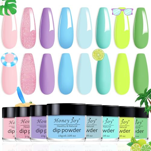 8 box/set Fine Dipping Powder Dip Kit Powder Nail Color System,Summer Light Pink Violet Yellow Purple Green Blue,Like Gel Polish Effect, Even & Smooth Finish (37-40-41-42-82-64-76-79-10g/box)