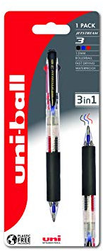 Uni-Ball SXE3-400 Jetstream 3 Ballpoint Gel Pen. Premium 1mm Medium Tip. 3 in 1 Black, Blue and Red Ink Rollerball. Extremely Smooth Writing Jetstream Ink Dries Instantly For Fast Note Taking