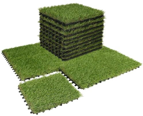 Lot de 18 dalles de gazon synthétique auto-drainant, 30,5 x 30,5 cm d'épaisseur, tapis auto-drainant pour intérieur/extérieur