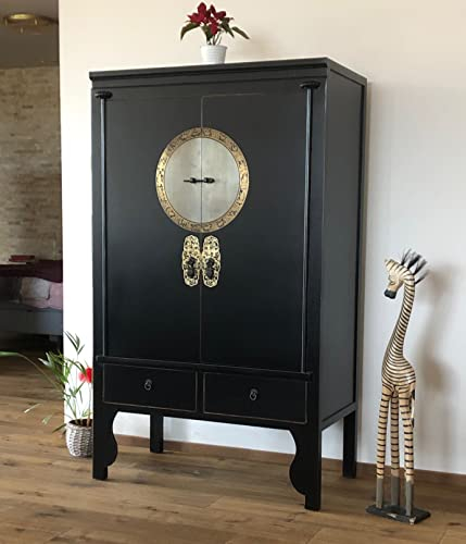 OPIUM OUTLET Chinesischer Hochzeitsschrank, asiatische Hoch-Kommode, orientalischer Schrank, schwarz, Vintage-Stil, Shabby-chic