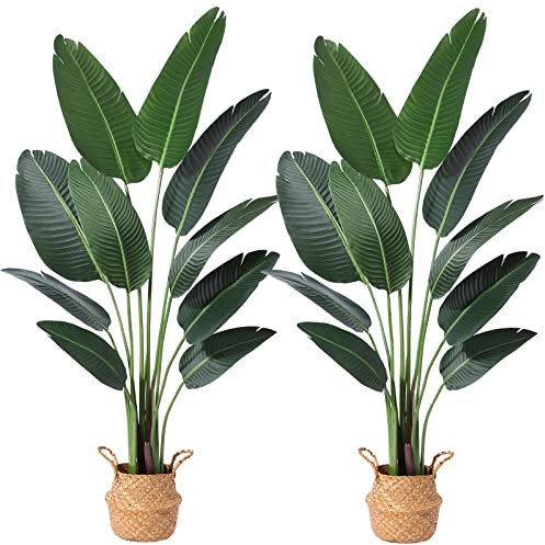 Ferrgoal Künstlicher Paradiesvogel, 152 cm, künstliche tropische Palme mit 10 Stämmen im Topf und gewebtem Seegras-Bauchkorb, perfekte Kunstpflanze für Zuhause, Innen- und Außenbereich, grün, 2 Stück