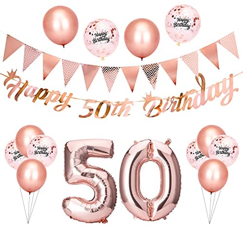 Beainfir 50th Birthday Decorations Set Include Rose Gold Happy 50th Birthday Banner,Triangle Flag Banner,Confetti Latex Balloons and Foil Balloons for Party Decoration Supplies for Girls and Boys