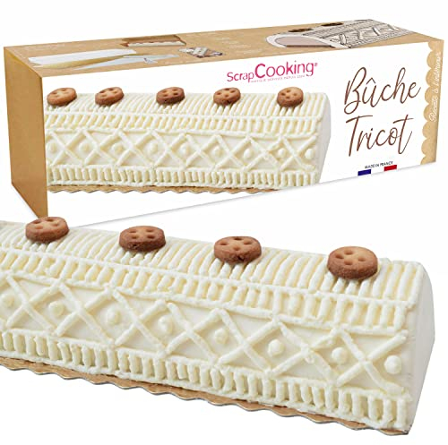 SCRAP COOKING - Kit Bûche Tricot - Dessert de Noël Original - Avec Moule, Support Doré, Douille Inox, Poche/Coffret Pâtissière et Recette Bûche Vanille Marrons - Fabriqué en France - 1937