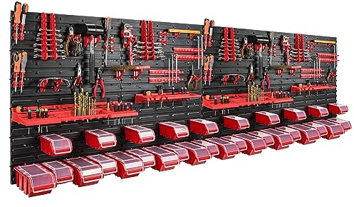 botle Estantería de pared con sistema de almacenamiento de herramientas 230 x 80 cm, portaherramientas de plástico, 30 cajas apilables, tapas, cajas de almacenamiento visibles para taller