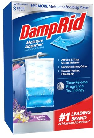 DampRid Lavender Vanilla Hanging Moisture Absorber, 16 oz., 3 Pack - Eliminates Musty Odors for Fresher, Cleaner Air, Ideal Moisture Absorbers for Closet, Blue, Small