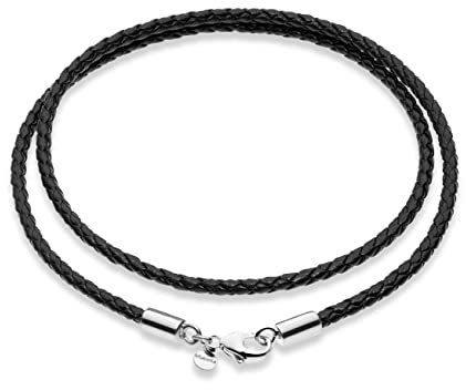 Miabella Genuine 3mm Black Braided Italian Leather Cord Chain Necklace for Men Women with 925 Sterling Silver Clasp, Made in Italy, Leather, No Gemstone