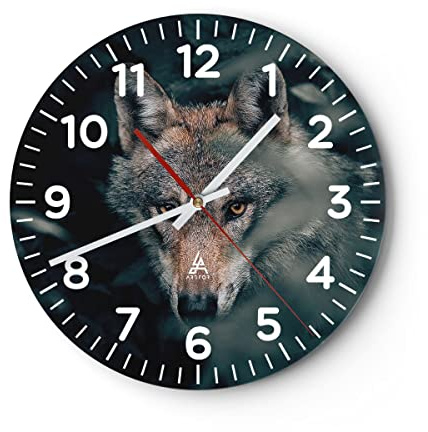 Modern Wanduhr Wolf Wald Raubtier 40x40cm Rund Groß Wand Uhr Glas Analog Zimmeruhren Küche Büro Wohnzimmer Glasuhr Wall Clock Dekoration Design Wanddekoration Küchenuhr C4AR40x40-5053