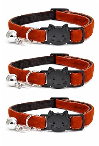 Velvet Cat Collars with Bell. Safe Breakaway Quick Release Buckle. Available in Cat & Kitten Size (Pack of 3) (Cat Collar (20cm - 30cm), Rusty Red Velvet (Pack of 3))