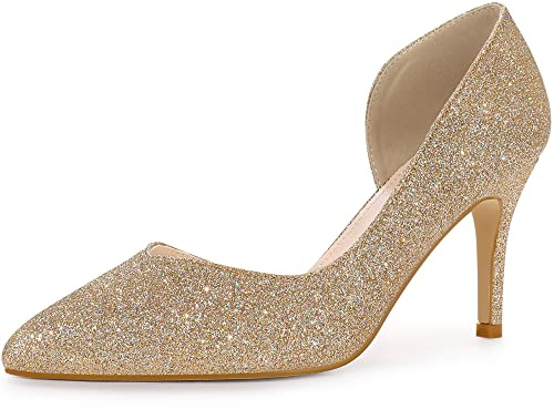 Perphy Women Glitter Pointed Toe Stiletto Heels Slip-on Rubber Sole Pumps | ABS Heel. Comfortable fit. Shiny finish. Pointed toe. Slip-on design. Rubber sole. Party, Evening, Wedding Guest