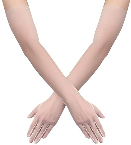 27.6inch Femmes Gants longs Longueur du coude extensible Transparent Long Tulle Gants de costume en maille Gants pour Halloween Cosplay Opéra Mariage Douche nuptiale Bal (Champagne)
